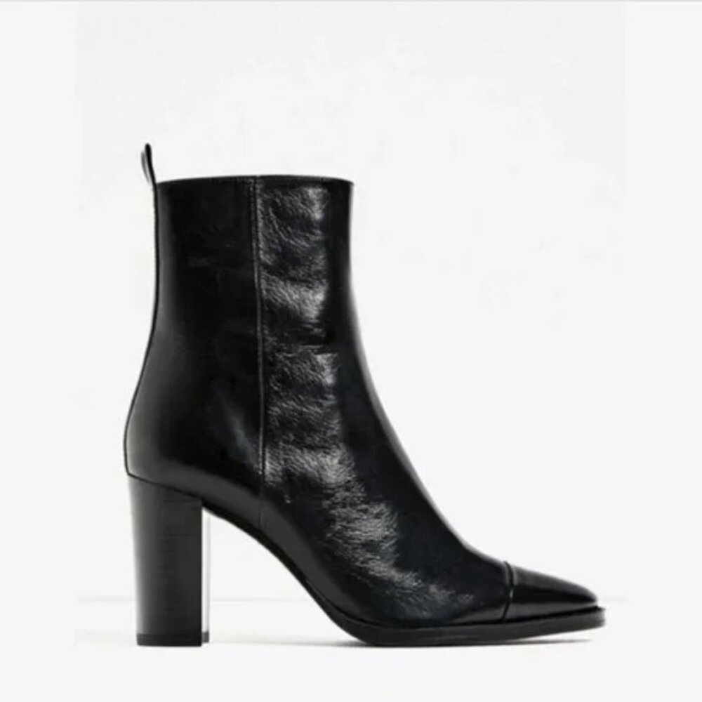 Zara Leather Pointed Toe Heeled Ankle Boots US 8 EU 39 Corp Core Office Work 90s